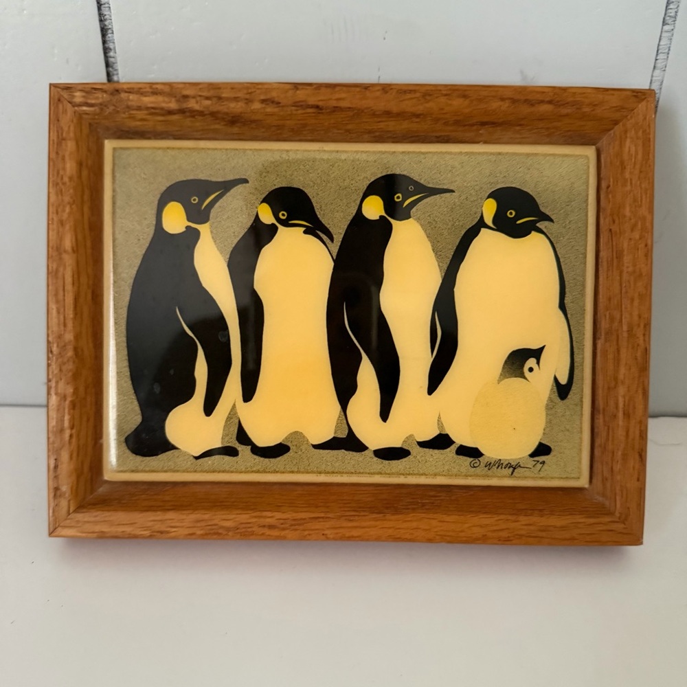 Kimberly Enterprises Penguins & Chick Ceramic Tile Art Framed 7.25x5.5" 1979